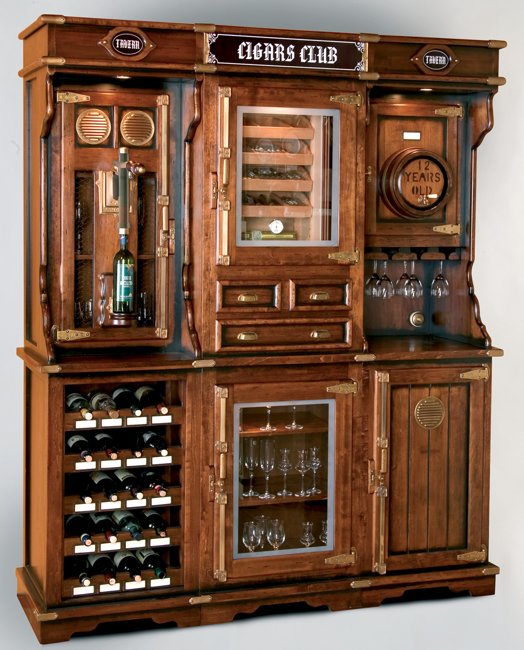 A unique cigar and wine cabinet with a humidor for up to 400 cigars. Complete with glasses, pouring-storage system, corkscrew, lighting. Solid wood and handcrafted to look old world