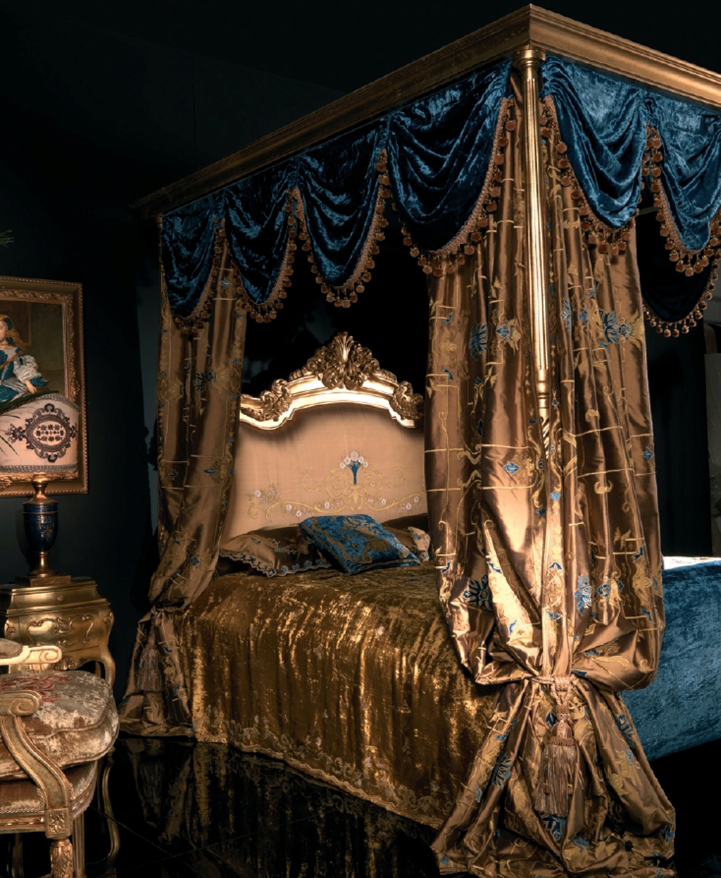 Blue and gold canopy bed