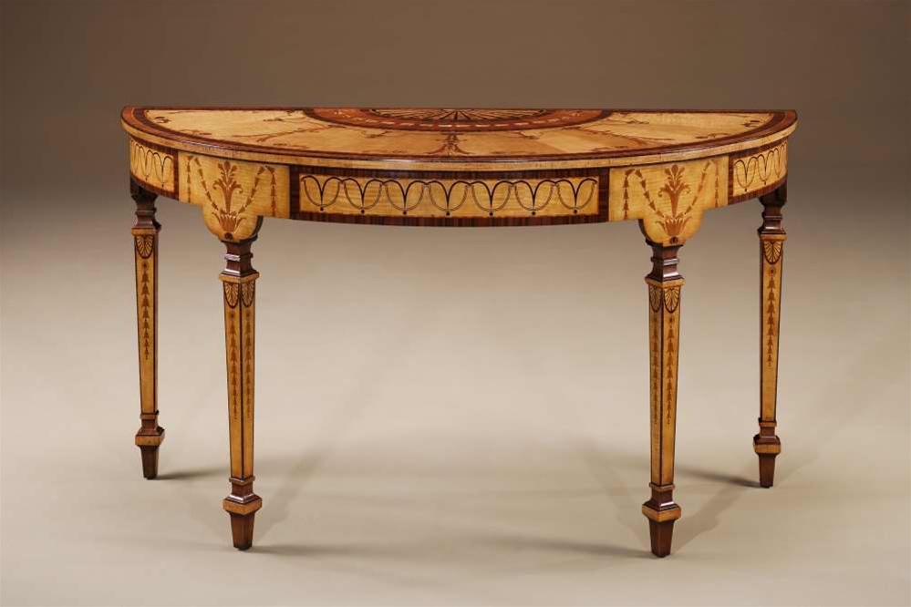 Console & Sofa Tables sycamore and specimen marquetry console table in the manner of Robert Adam