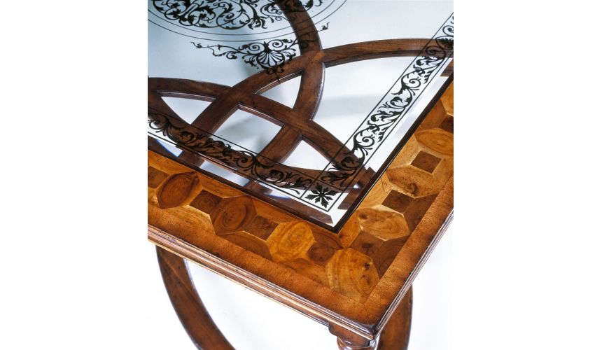 Coffee Tables Rectangular Cocktail table with oyster veneer and Italian gold leaf Eglomise decoration on glass top