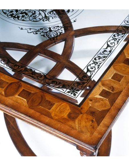 Coffee Tables Rectangular Cocktail table with oyster veneer and Italian gold leaf Eglomise decoration on glass top