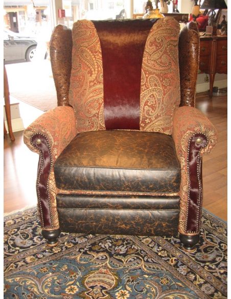 Unique Furniture, recliner with tooled leather burgundy hair on hide