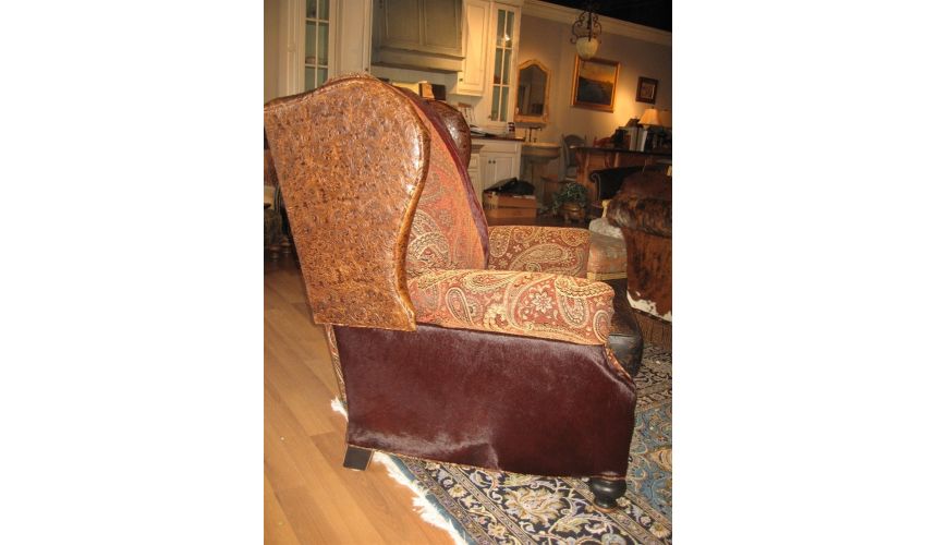 Luxury Leather & Upholstered Furniture Unique Furniture, recliner with tooled leather burgundy hair on hide