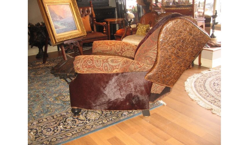 Luxury Leather & Upholstered Furniture Unique Furniture, recliner with tooled leather burgundy hair on hide