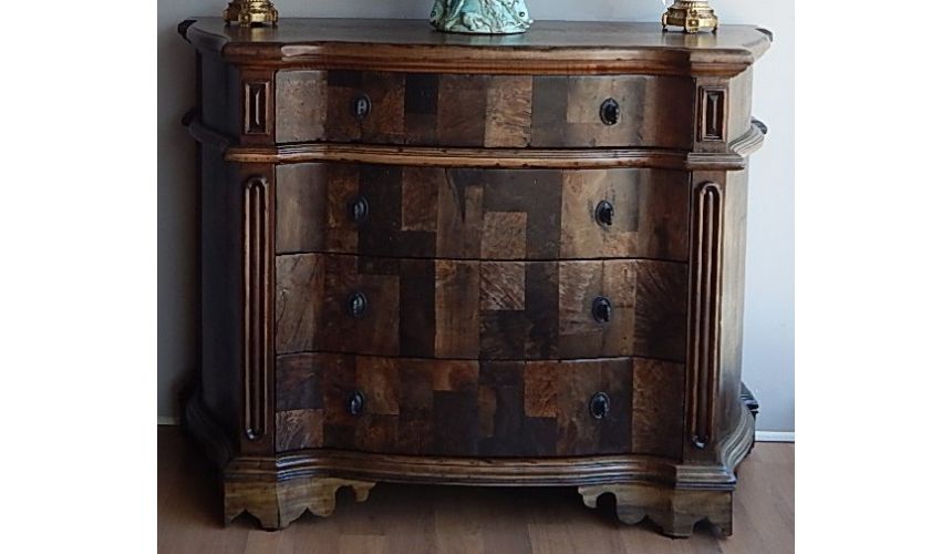 Breakfronts & China Cabinets 1 European inspired chest of burl wood in gun metal finish.