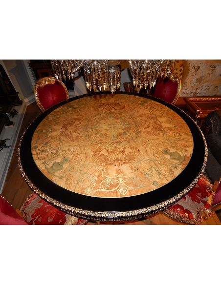 Our King Louis Collection boasts an exceptional dining table featuring exquisite Boulle marquetry work