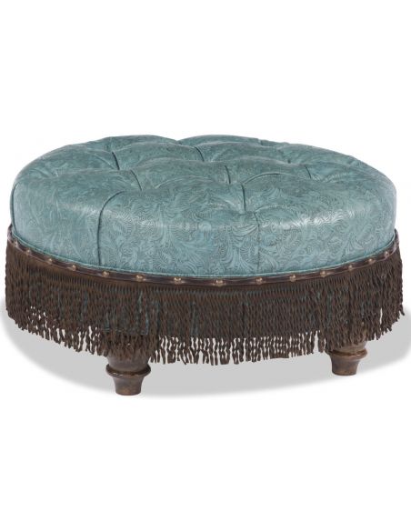Blue Ottoman with Brown Fringe