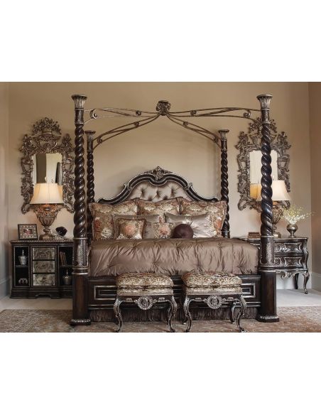 Tufted headboard, four post bed, high style