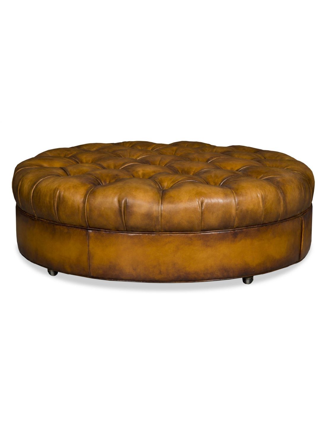Round Leather Tufted Ottoman, Circular Leather Ottoman