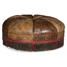 OTTOMANS Round leather ottoman with embossed leather and fringed detail