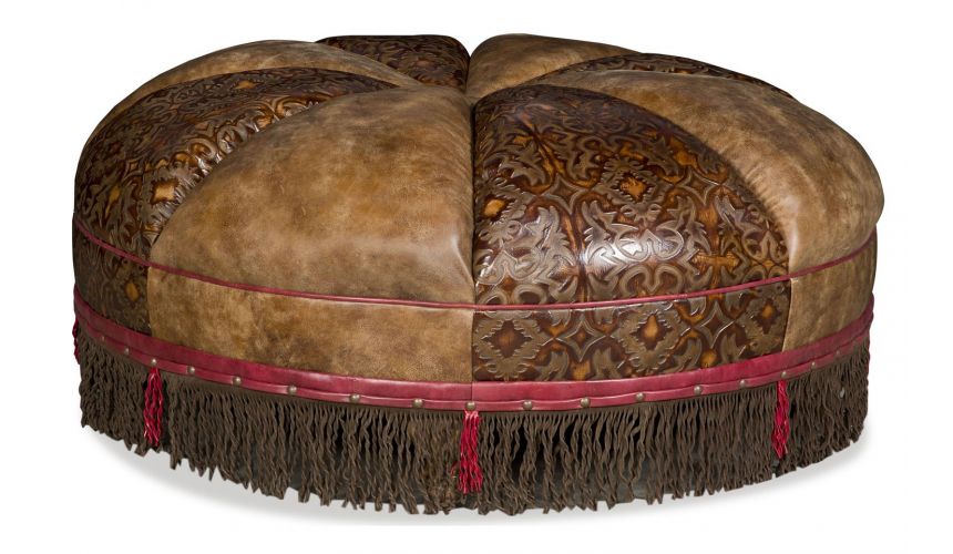 OTTOMANS Round leather ottoman with embossed leather and fringed detail