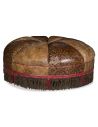 OTTOMANS Round leather ottoman with embossed leather and fringed detail