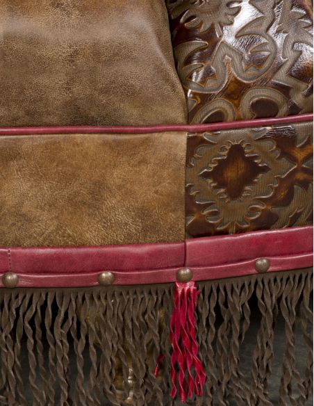 OTTOMANS Round leather ottoman with embossed leather and fringed detail