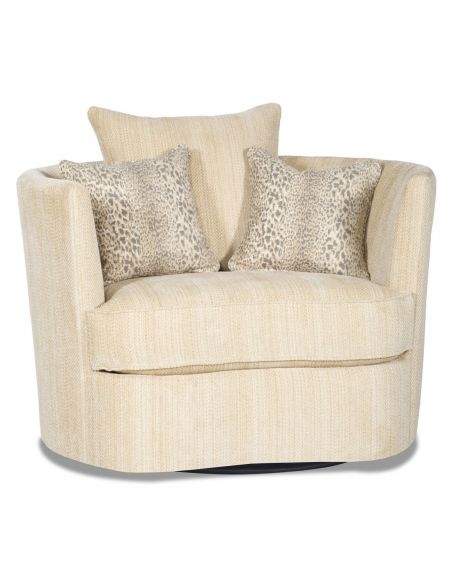 Barrel style swivel chair in a chic ivory fabric