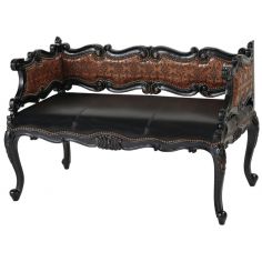 SETTEES, CHAISE, BENCHES Unique leather bench with beautiful hand carved wooden details