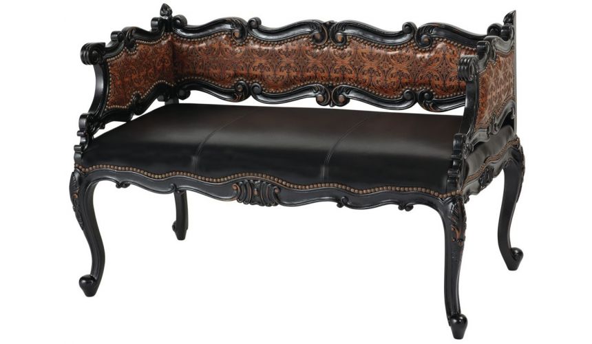 SETTEES, CHAISE, BENCHES Unique leather bench with beautiful hand carved wooden details