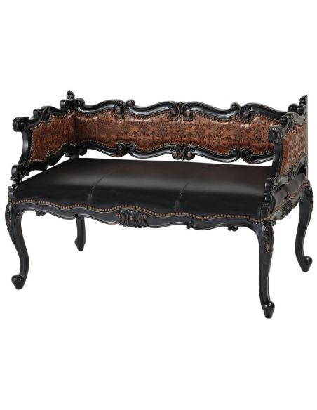 Unique leather bench with beautiful hand carved wooden details