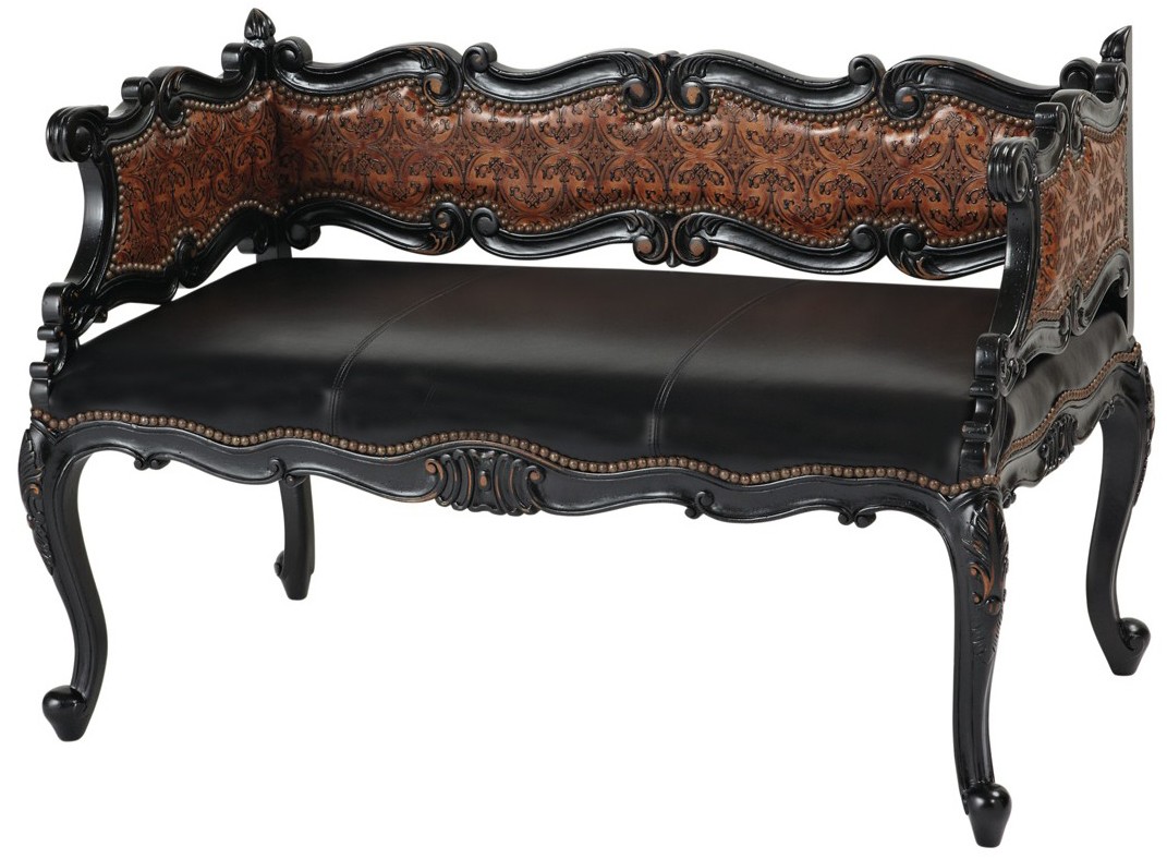 SETTEES, CHAISE, BENCHES Unique leather bench with beautiful hand carved wooden details