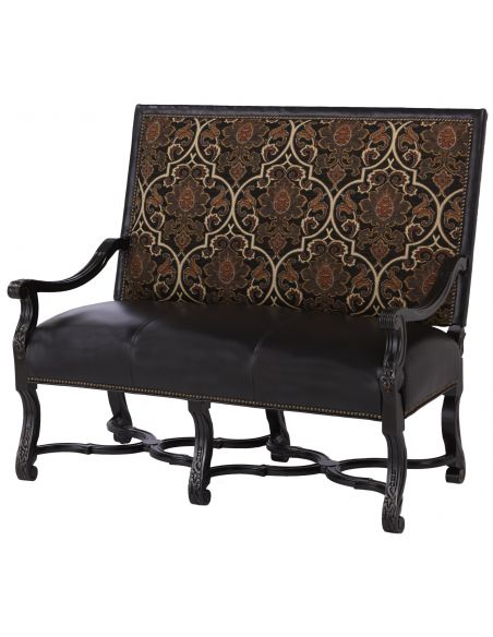 High back bench chair with interesting leather and fabric details