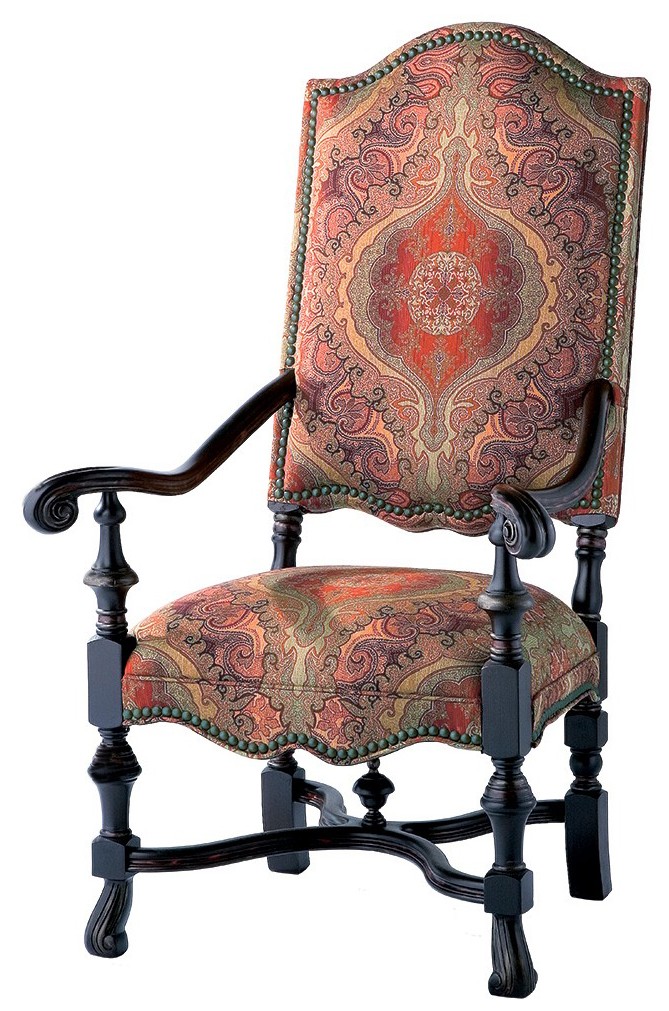 CHAIRS, Leather, Upholstered, Accent Unique and fancy carved wood frame tall back arm chair