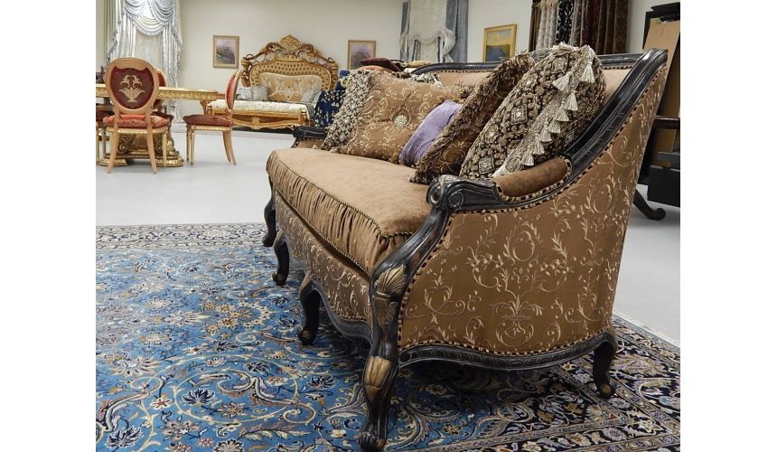 Luxury Leather & Upholstered Furniture 22 Victorian style sofa with a black and gold color theme.