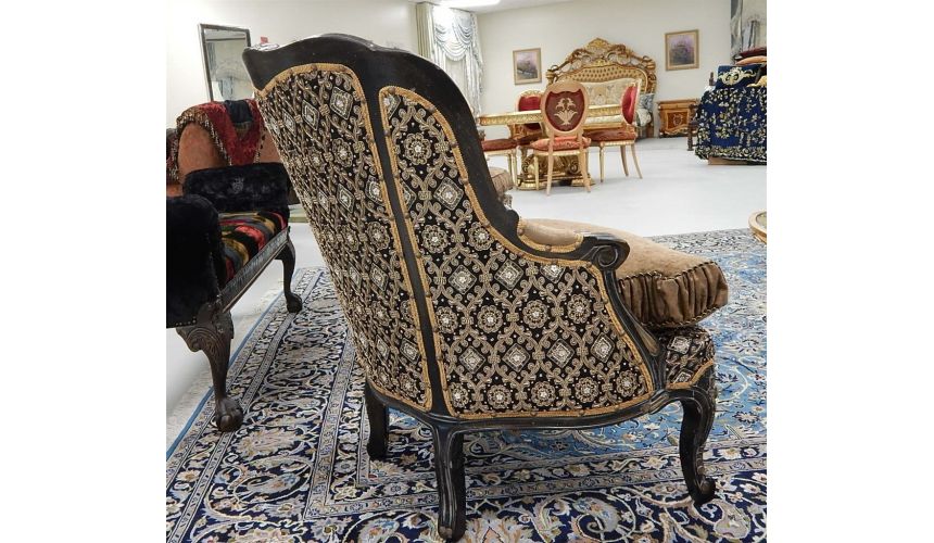 Luxury Leather & Upholstered Furniture 22 Victorian style sofa with a black and gold color theme.