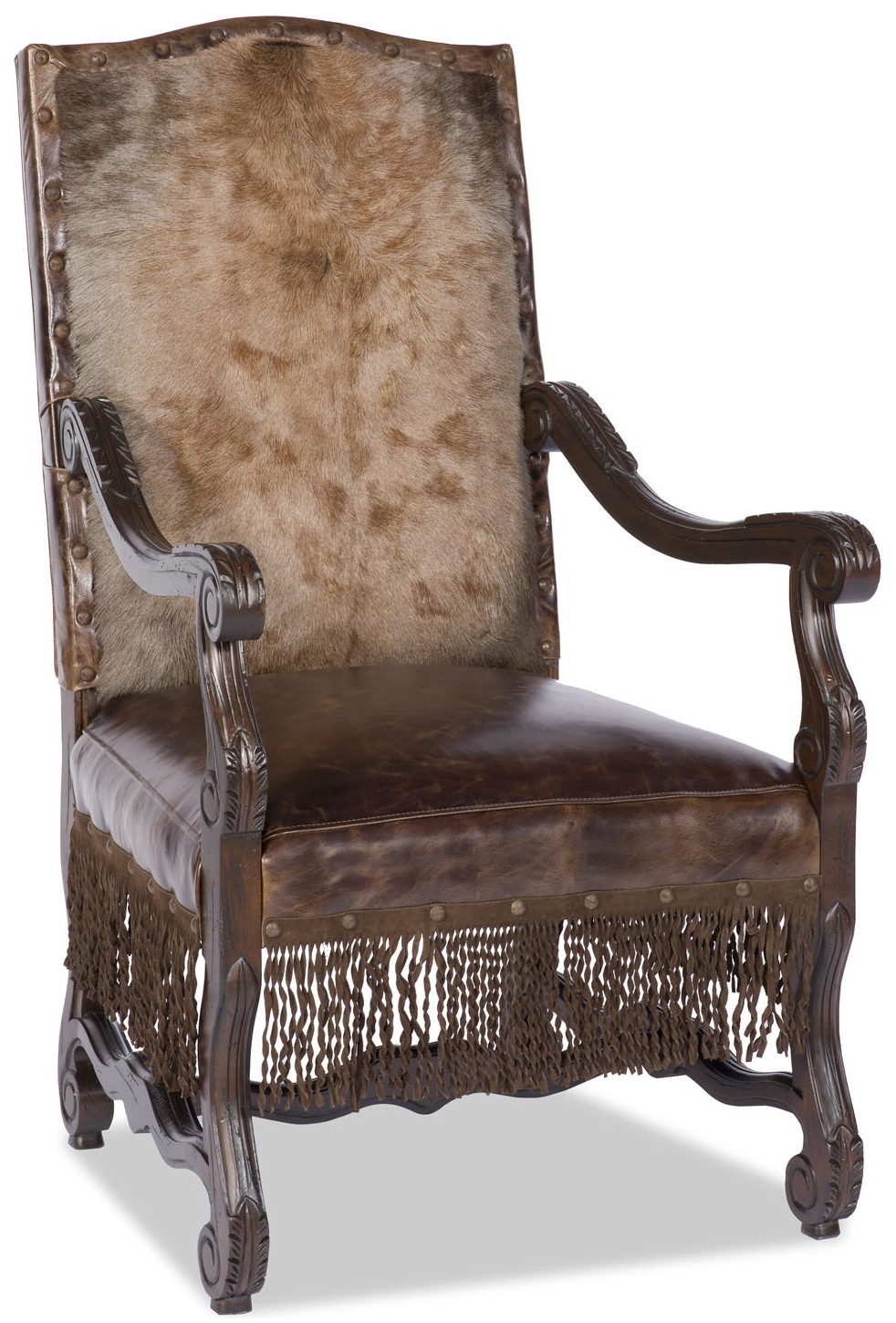 CHAIRS, Leather, Upholstered, Accent Armchair with hand carved wooden details with fringe