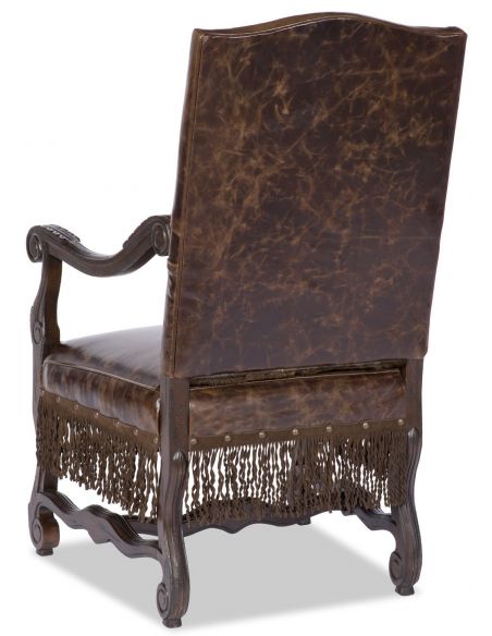CHAIRS, Leather, Upholstered, Accent Armchair with hand carved wooden details with fringe