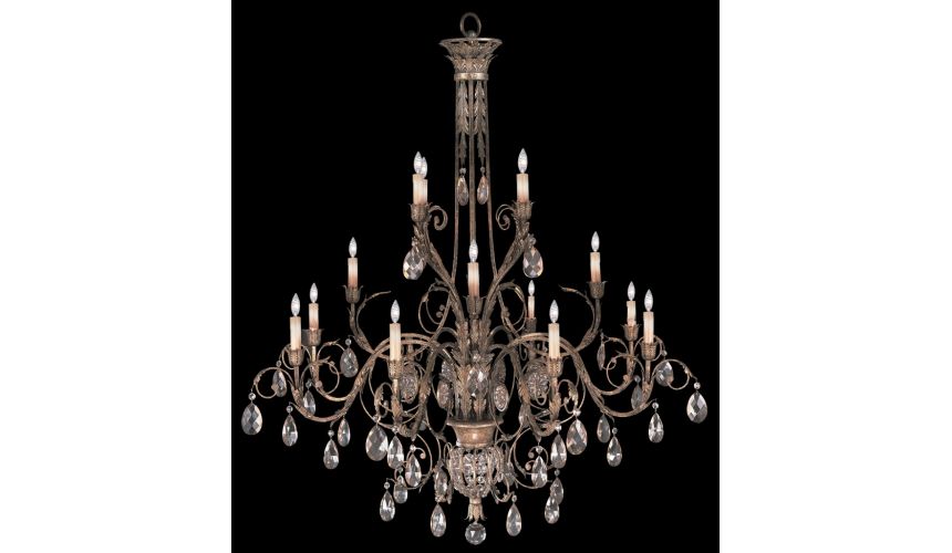 Lighting Three-tier chandelier in cool moonlit patina with moon dusted crystals