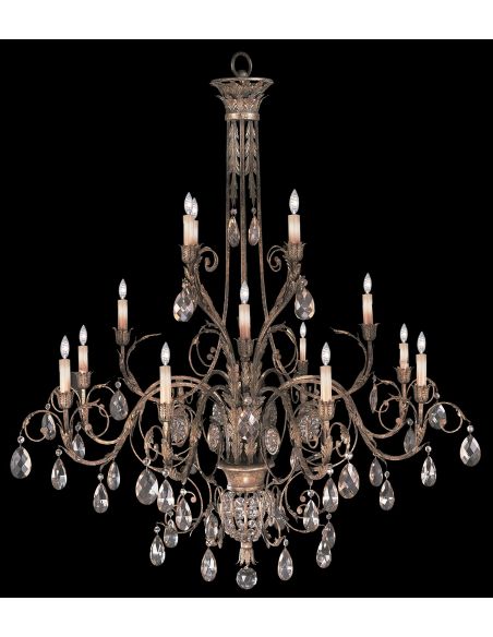 Three-tier chandelier in cool moonlit patina with moon dusted crystals