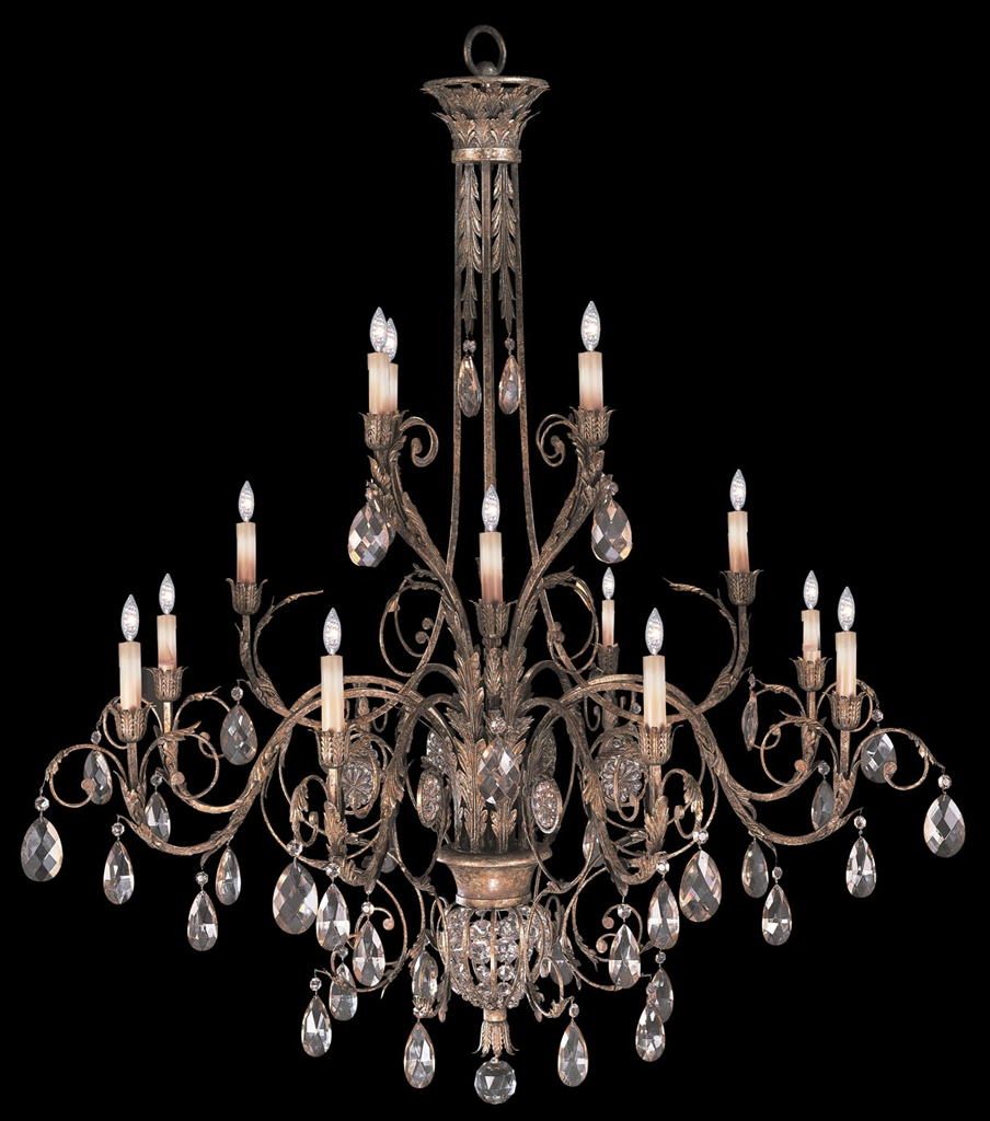 Lighting Three-tier chandelier in cool moonlit patina with moon dusted crystals
