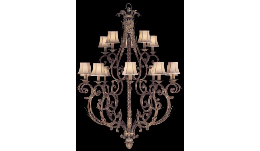 Lighting Two-tier chandelier in tortoised leather crackle finish with stained silver leaf accents