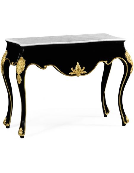 Console table in gloss painted black with white marble top