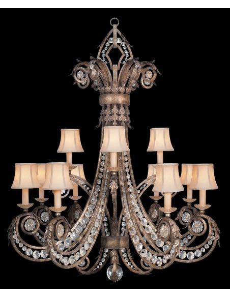 Chandelier in a cool moonlit patina with moon dusted rosettes