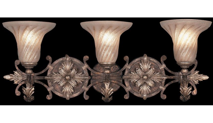 Lighting Moisture resistant wall sconce in tortoised leather crackle finish with stained silver leaf accents