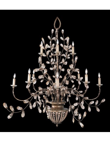 Chandelier in a cool moonlit patina with moon dusted tendrils and pendant drops