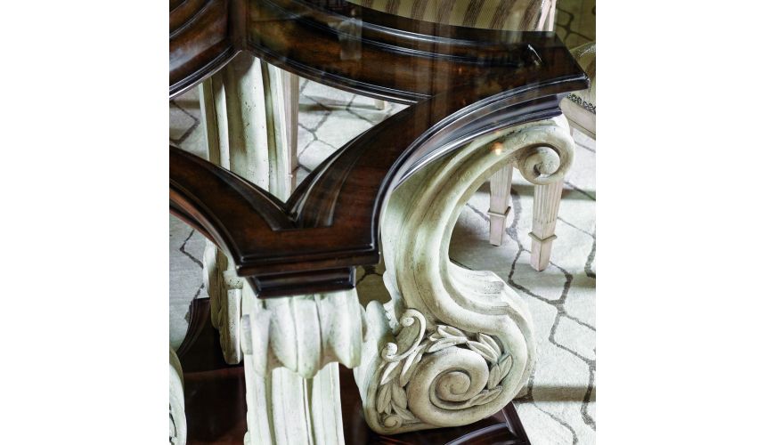 Dining Tables Glass topped dining table with scrolled pedestal base