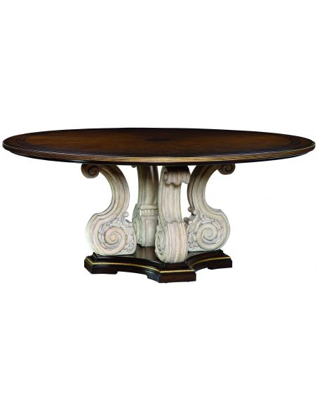 Wooden topped table with a scrolled pedestal base.
