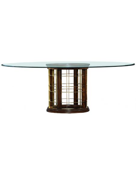 Glass topped dinning table with pedestal base.