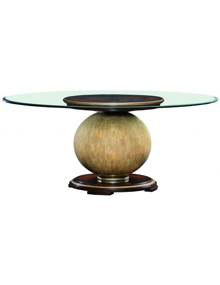 Dining table with round glass top and wooden spherical base
