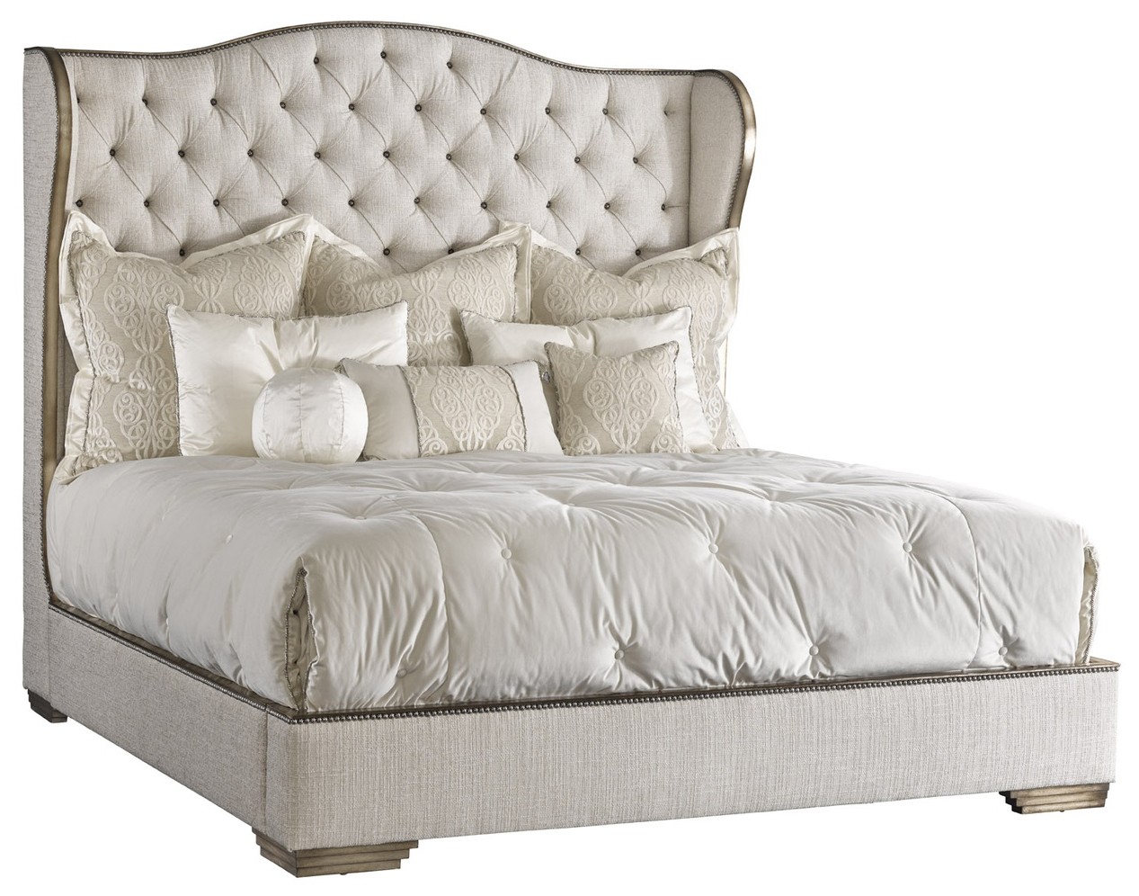 BEDS - Queen, King & California King Sizes Bed with tufted headboard in a elegant platinum linen