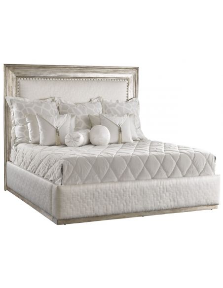 BEDS - Queen, King & California King Sizes Bed with quilted platinum headboard with distressed wooden detailing