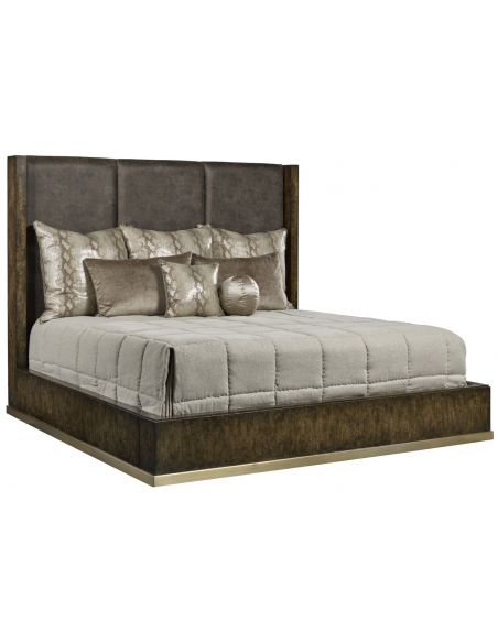 Bed in a luxurious combination of wood and fabric