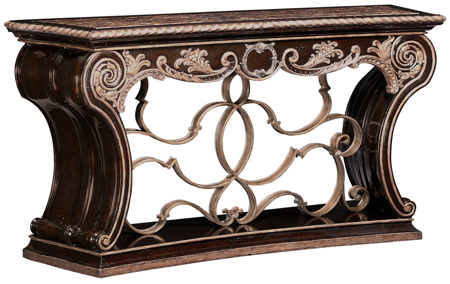 Console & Sofa Tables Wooden console table with intricate scroll work.