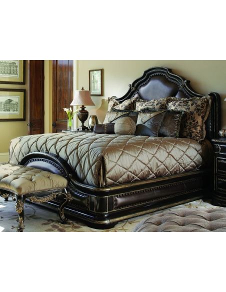 Gothic inspired bed with wood and leather accents