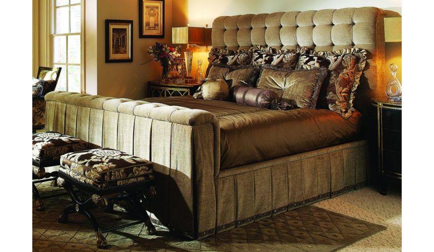 BEDS - Queen, King & California King Sizes Bed with tufted headboard and rolled footboard with intricately pleated fabric