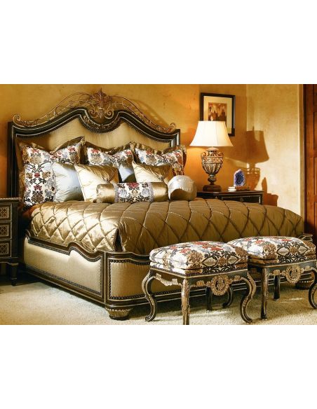 French style bed with intricately scrolled headboard