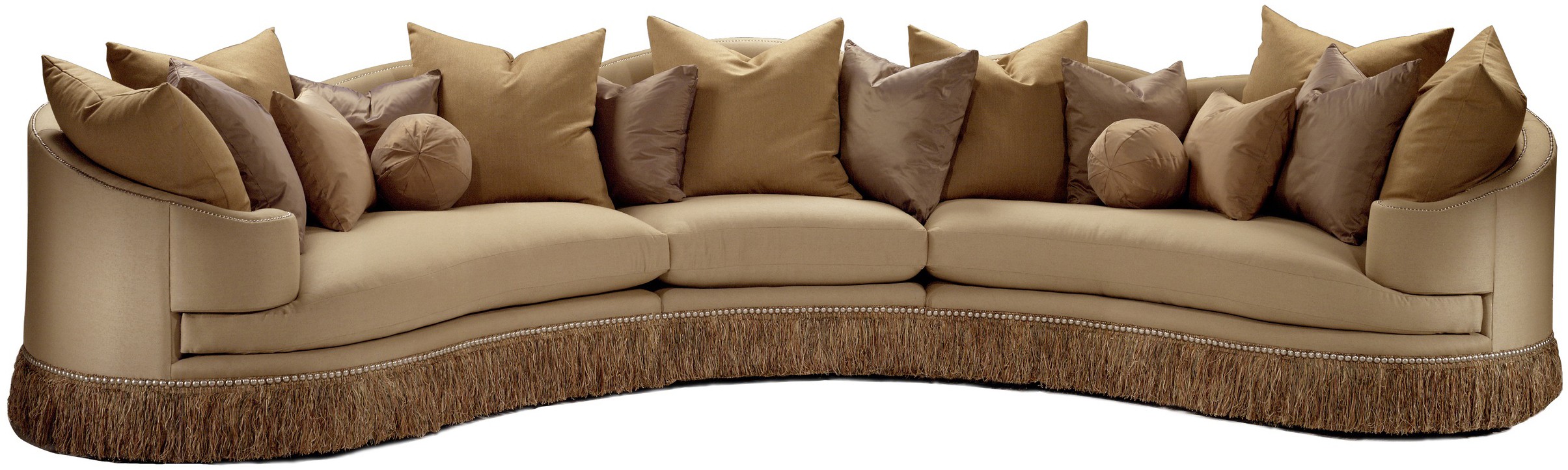 SECTIONALS - Leather & High End Upholstered Furniture Cream colored sofa with luxurious fabric and fringed skirt