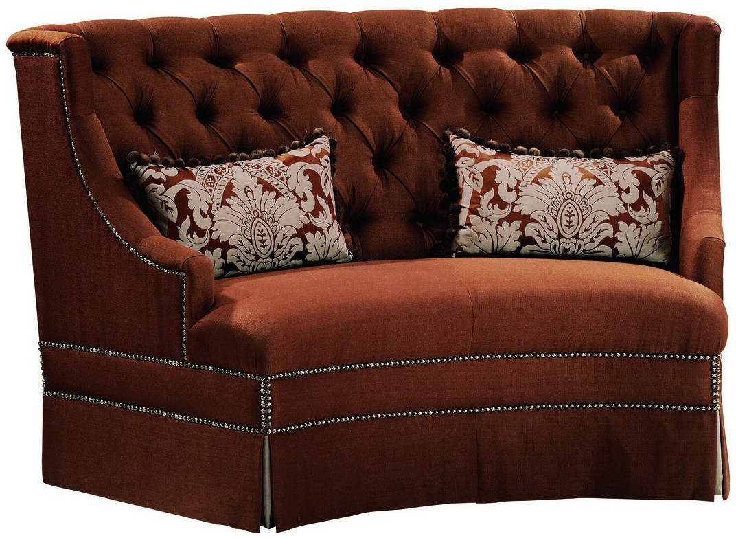 SETTEES, CHAISE, BENCHES Chocolate colored settee withtufted back and nailhead trim