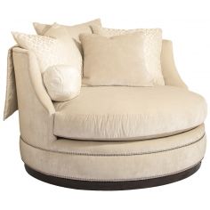 SETTEES, CHAISE, BENCHES Ivory rounded barrel style chair with nailhead trim